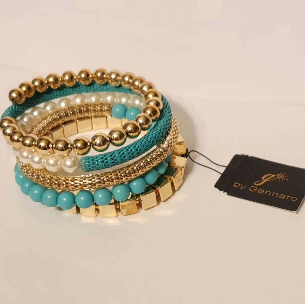 Gold/Teal/Pearl Stretch Bracelet by Gennaro
